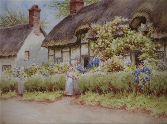 W. Carter, watercolour, woman beside a thatched cottage, 16 x 22cm